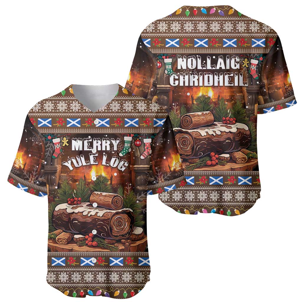 Brown Christmas baseball jersey set showing front 'Merry Yule Log' and back 'NOLTAG CHRISTMAS'