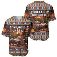 Brown Christmas baseball jersey set showing front 'Merry Yule Log' and back 'NOLTAG CHRISTMAS'