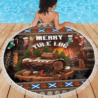 Round "Merry Yule Log" beach blanket with white fringe border and log graphic