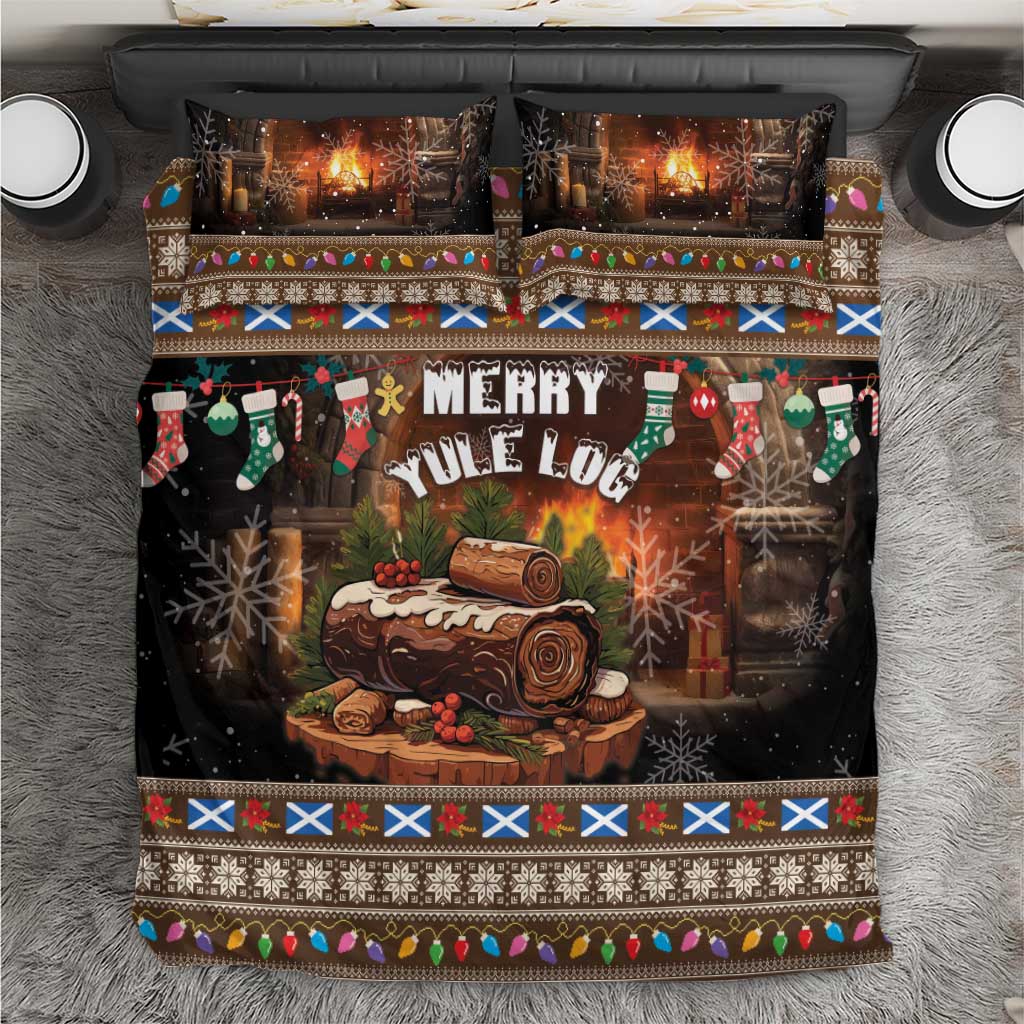 Christmas bedding set with black “Merry Yule Log” design, stockings, snowflakes, and log art