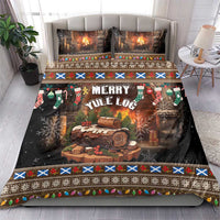 Christmas bedding set featuring black “Merry Yule Log” text, fireplace flames, and festive trim