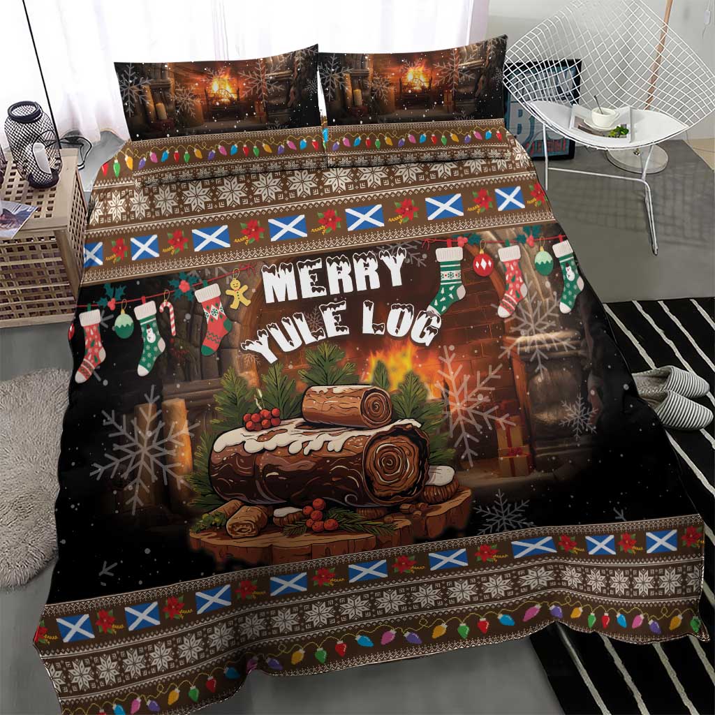 Christmas bedding set with black “Merry Yule Log” print, wrapped log, snowflakes, and patterned border
