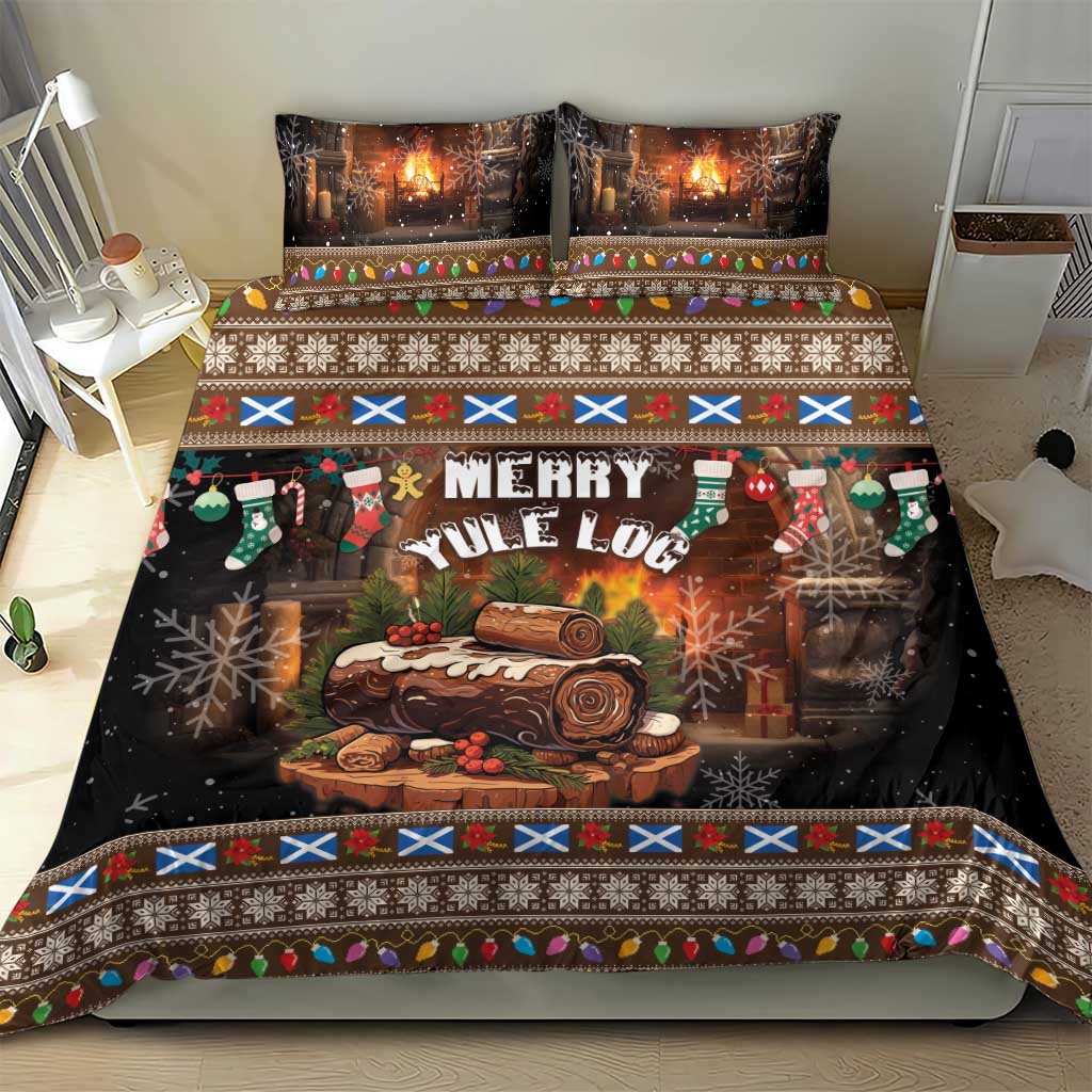 Christmas bedding set on bed with black “Merry Yule Log” artwork, candles, and colorful festive band