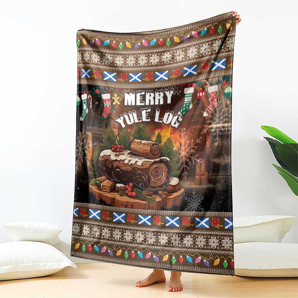 Christmas throw blanket featuring “Merry Yule Log” text and colorful pattern border, standing