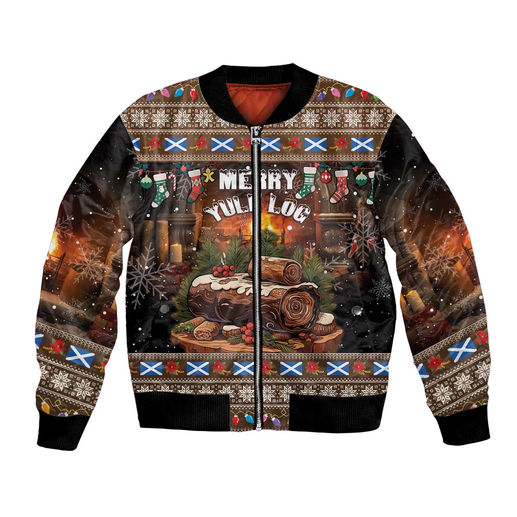 Unisex bomber jacket with festive log print, zip front, ribbed cuffs and hem