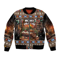 Unisex bomber jacket with festive log print, zip front, ribbed cuffs and hem