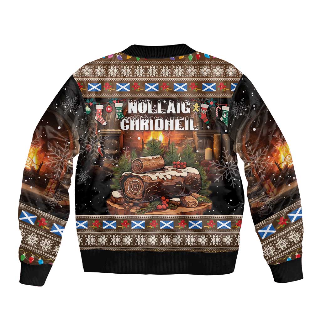 Unisex bomber jacket with Christmas log graphic on back, zip front, ribbed cuffs