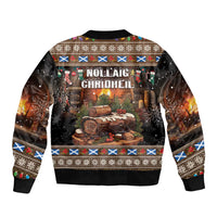 Unisex bomber jacket with Christmas log graphic on back, zip front, ribbed cuffs