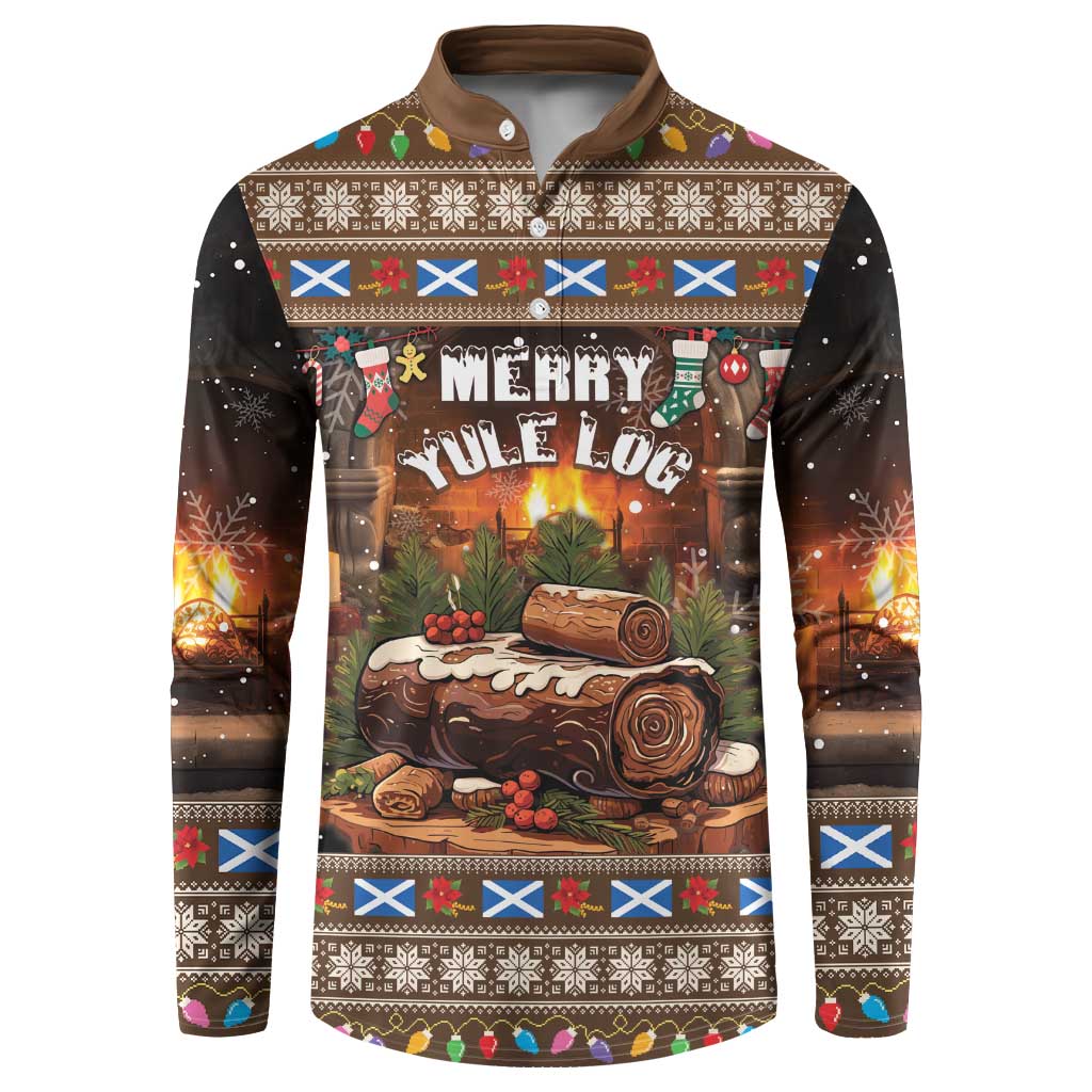 Dark brown button-up sweatshirt with festive Christmas graphic and long sleeves