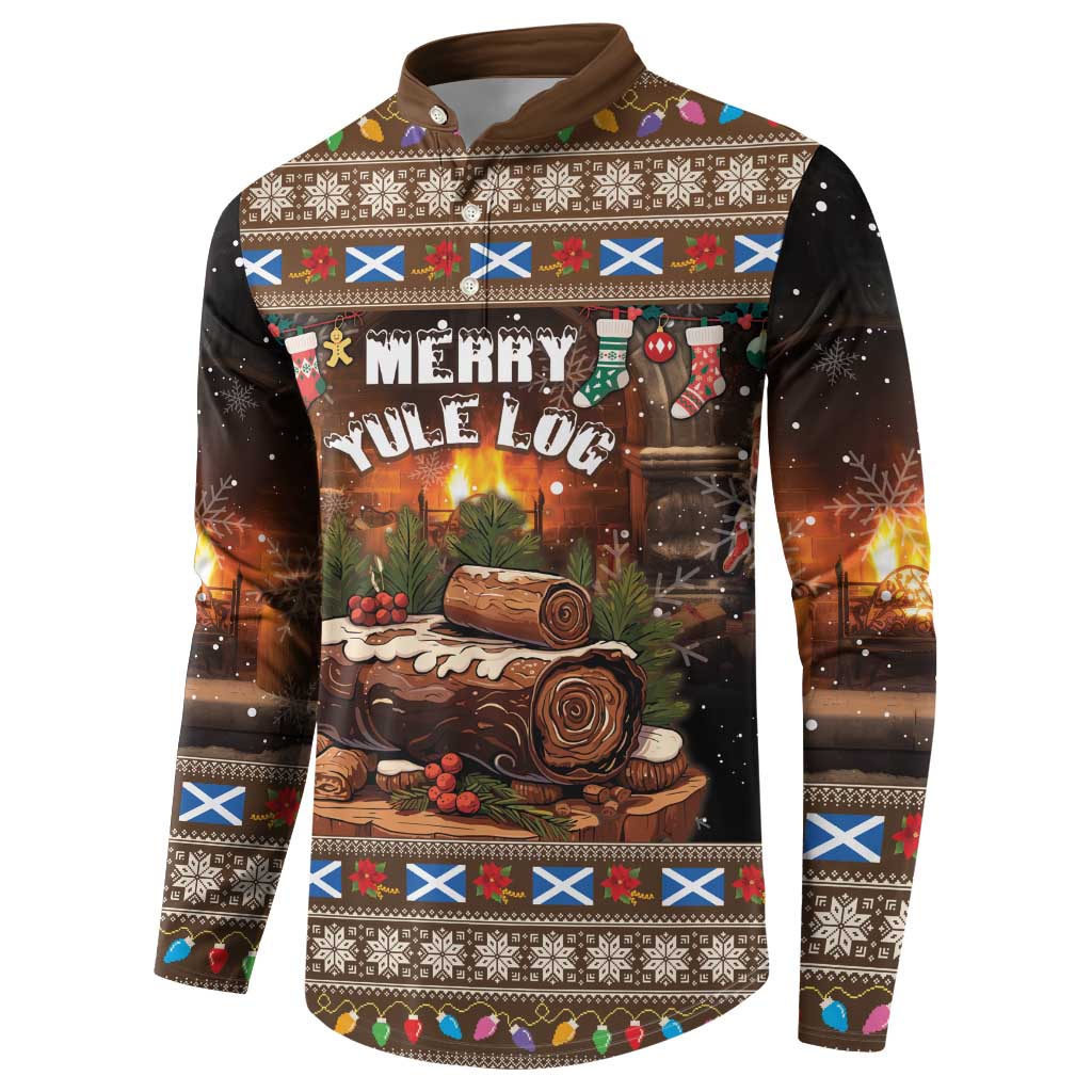 Dark brown button-up sweatshirt with Merry Yule Log graphic, long sleeves