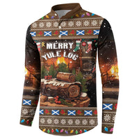 Dark brown button-up sweatshirt with Merry Yule Log graphic, long sleeves
