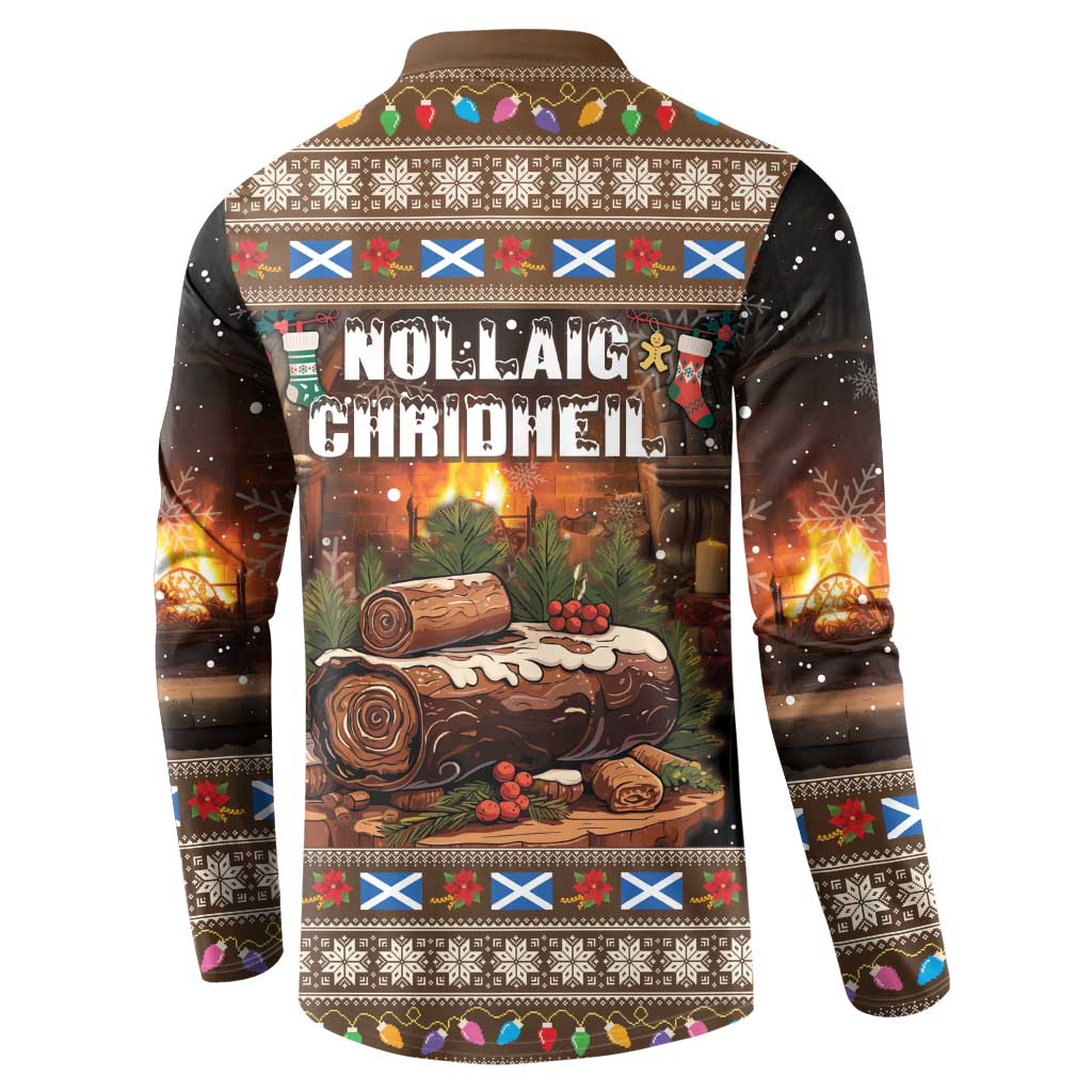 Dark brown button-up sweatshirt with holiday graphic on back, long sleeves