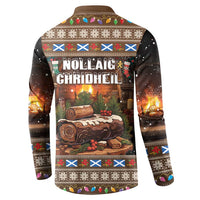 Dark brown button-up sweatshirt with holiday graphic on back, long sleeves