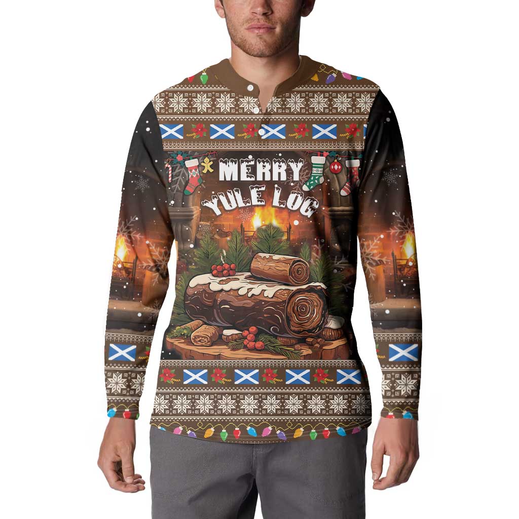 Dark brown festive button sweatshirt worn by model, front graphic and long sleeves
