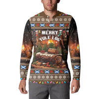 Dark brown festive button sweatshirt worn by model, front graphic and long sleeves