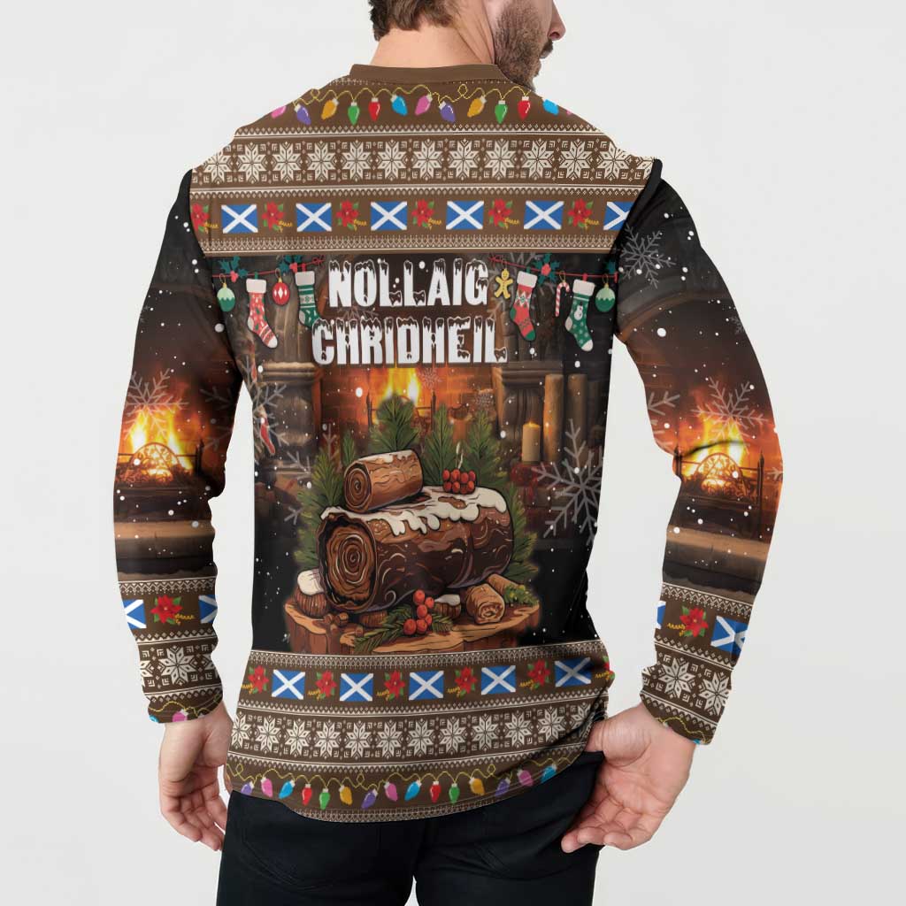 Dark brown festive button sweatshirt worn by model, back holiday graphic