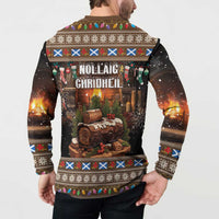 Dark brown festive button sweatshirt worn by model, back holiday graphic