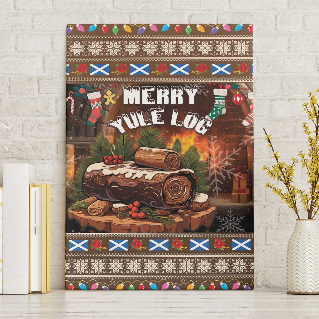 Canvas wall art with “Merry Yule Log” text over stacked brown log rolls and festive border