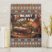 Canvas wall art with “Merry Yule Log” text over stacked brown log rolls and festive border