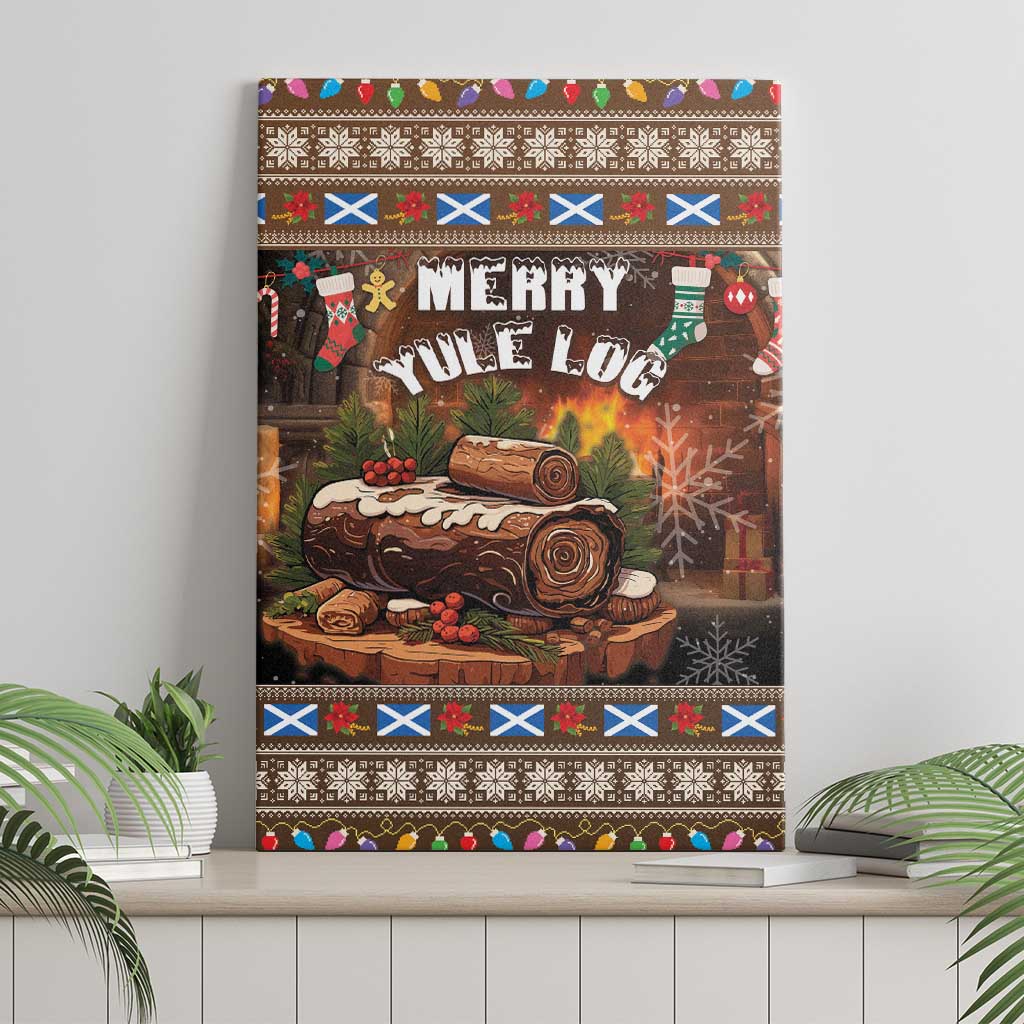 Canvas wall art showing “Merry Yule Log” over brown log rolls with blue X and holiday trim