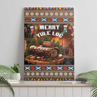 Canvas wall art showing “Merry Yule Log” over brown log rolls with blue X and holiday trim