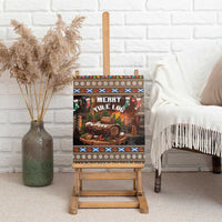 Framed canvas wall art of “Merry Yule Log” with stacked log rolls, berries, and snowy trees