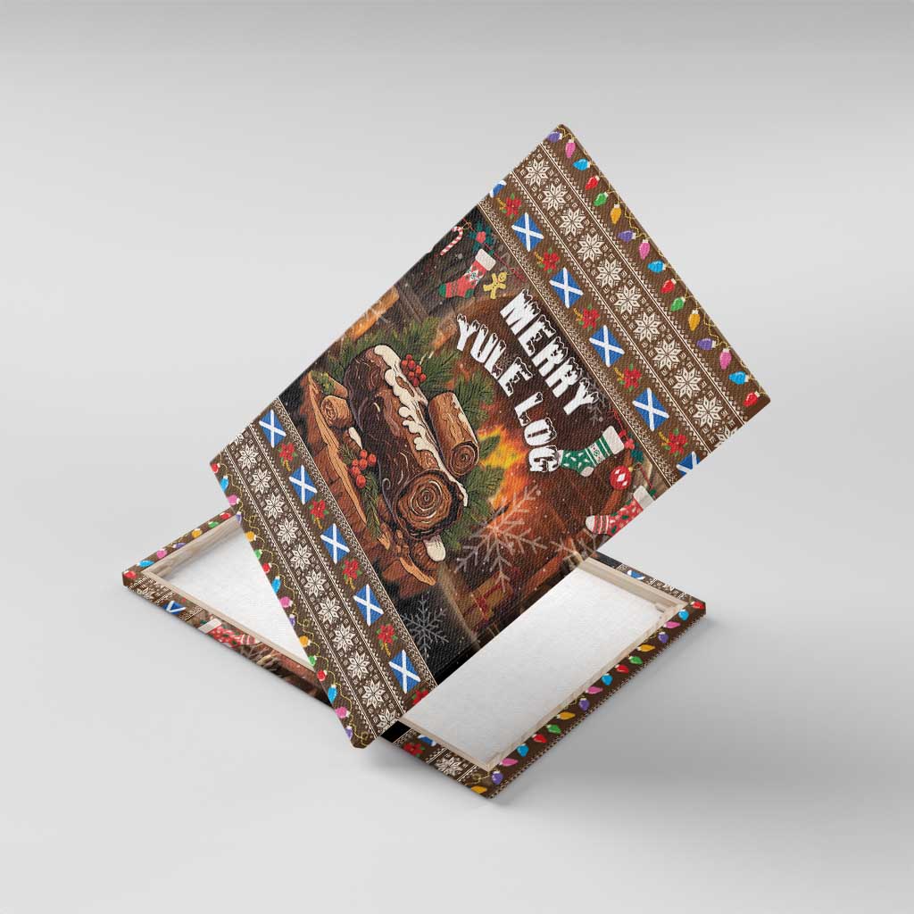 Canvas wall art shown at an angle featuring “Merry Yule Log” and stacked brown logs