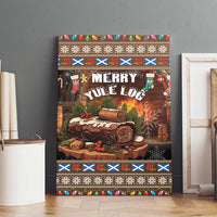 Canvas wall art with “Merry Yule Log” lettering, stacked log rolls, and colorful patterned trim
