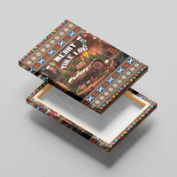 Canvas wall art on a stand with “Merry Yule Log” title and brown log-roll illustration