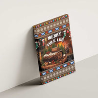 Upright canvas wall art featuring “Merry Yule Log” and stacked brown logs with festive border