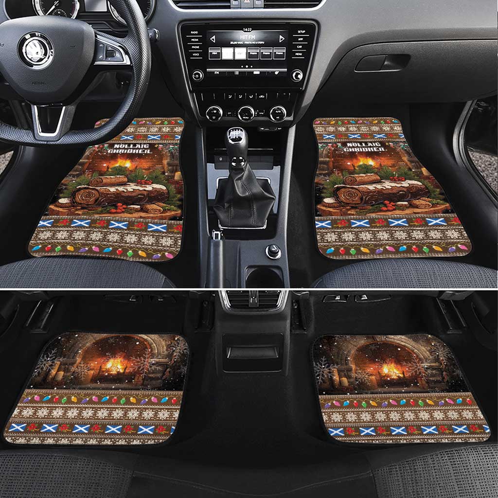 Christmas car floor mats with colorful border and glowing hearth log artwork
