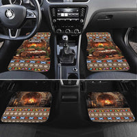 Christmas car floor mats with colorful border and glowing hearth log artwork
