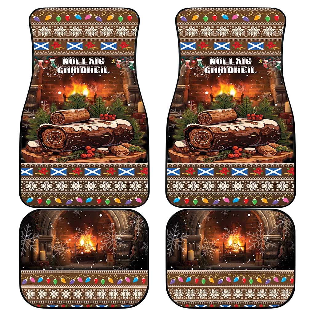 Set of four Christmas car floor mats with glowing hearth log and festive tartan border