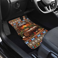 Rear seat Christmas car floor mat with glowing hearth log artwork and tartan trim