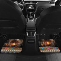 Rear Christmas car floor mats with glowing hearth log artwork and festive border