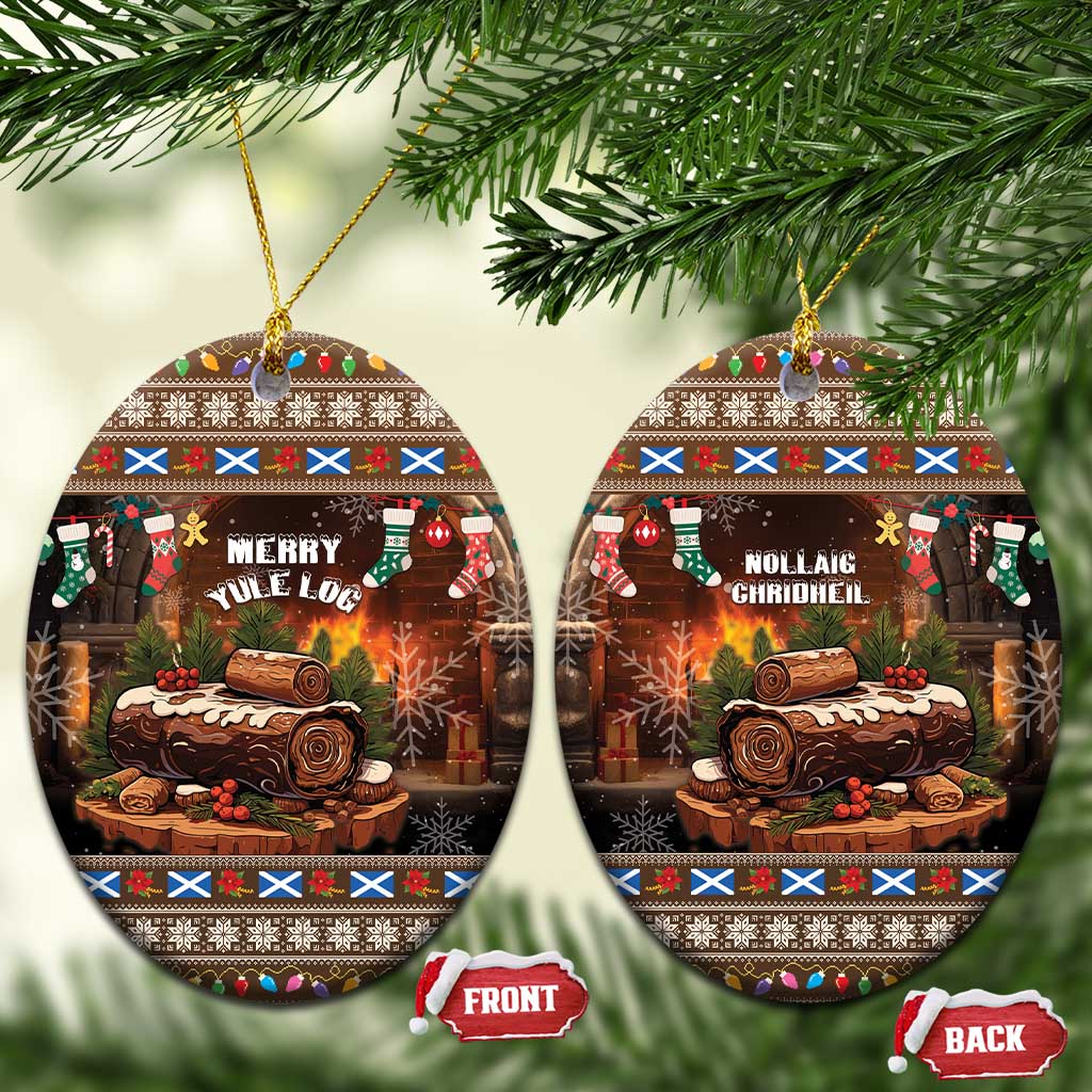 Oval ceramic Christmas ornaments with Merry Yule Log and Nollaig Chridheil designs