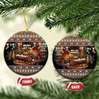 Heart-shaped ceramic Christmas ornaments with Merry Yule Log and Nollaig Chridheil text