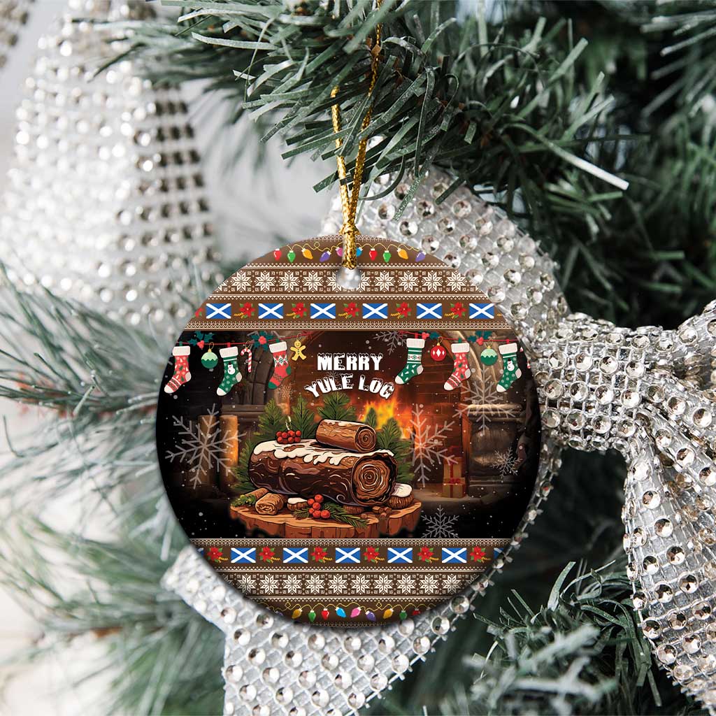 Round ceramic Christmas ornament with Merry Yule Log artwork and festive border