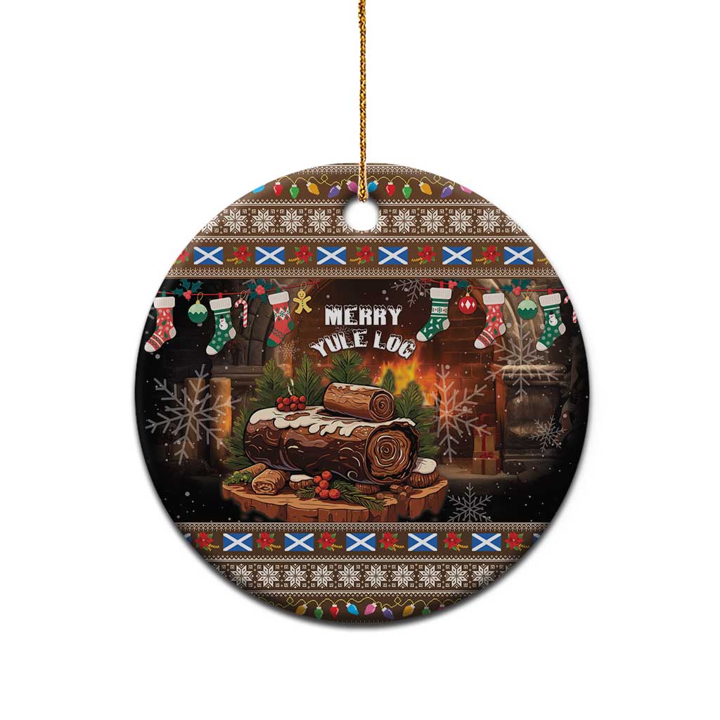 Round ceramic hanging ornament featuring Merry Yule Log scene with patterned trim