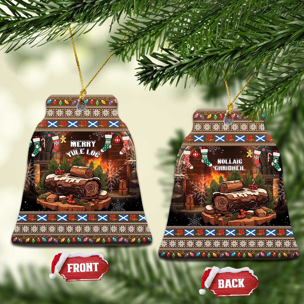 Bell-shaped ceramic Christmas ornaments with Merry Yule Log and Nollaig Chridheil text