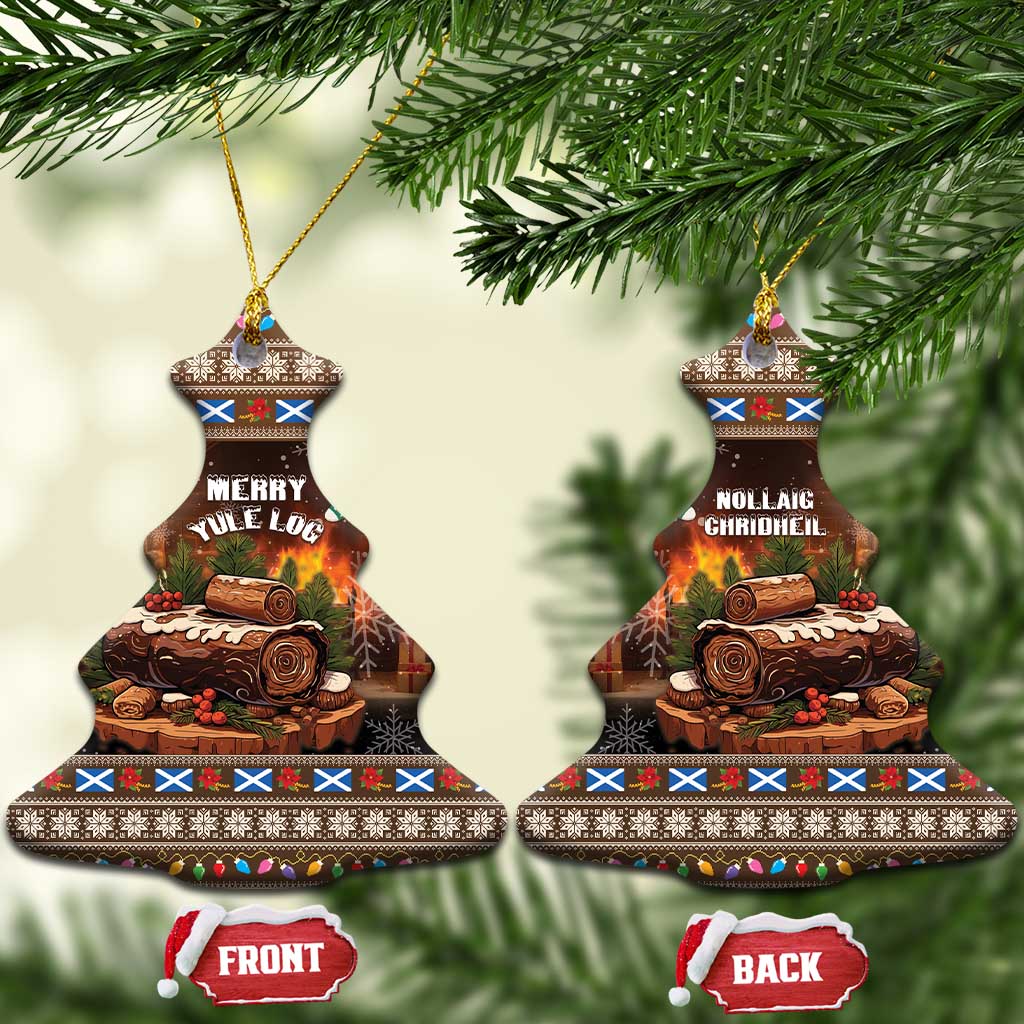 Bell-shaped ceramic ornaments showing Merry Yule Log front and Nollaig Chridheil back
