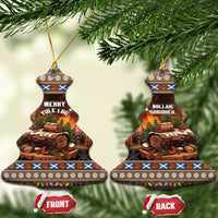 Bell-shaped ceramic ornaments showing Merry Yule Log front and Nollaig Chridheil back