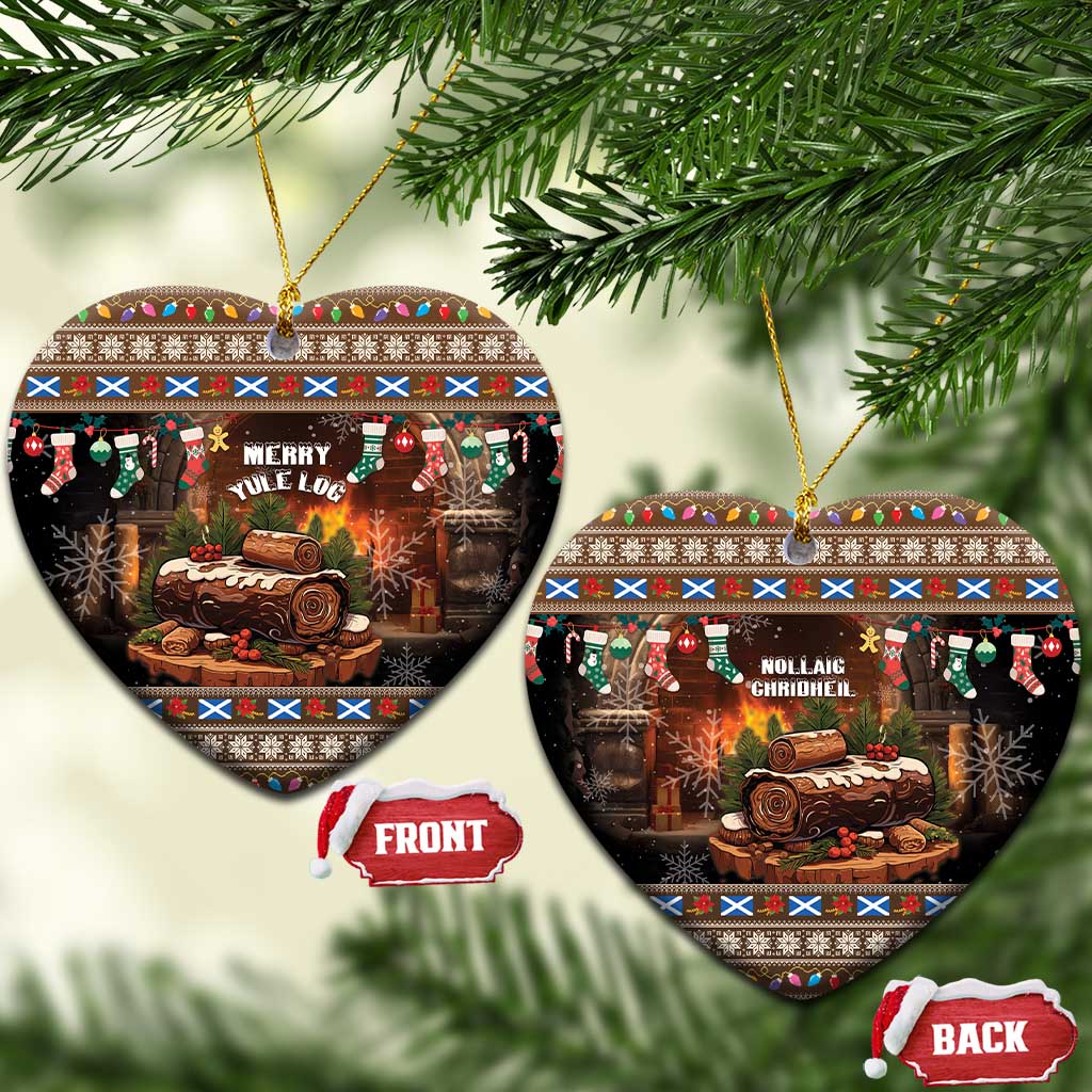 Heart-shaped ceramic ornaments with Merry Yule Log front and Nollaig Chridheil artwork