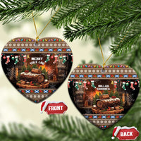 Heart-shaped ceramic ornaments with Merry Yule Log front and Nollaig Chridheil artwork