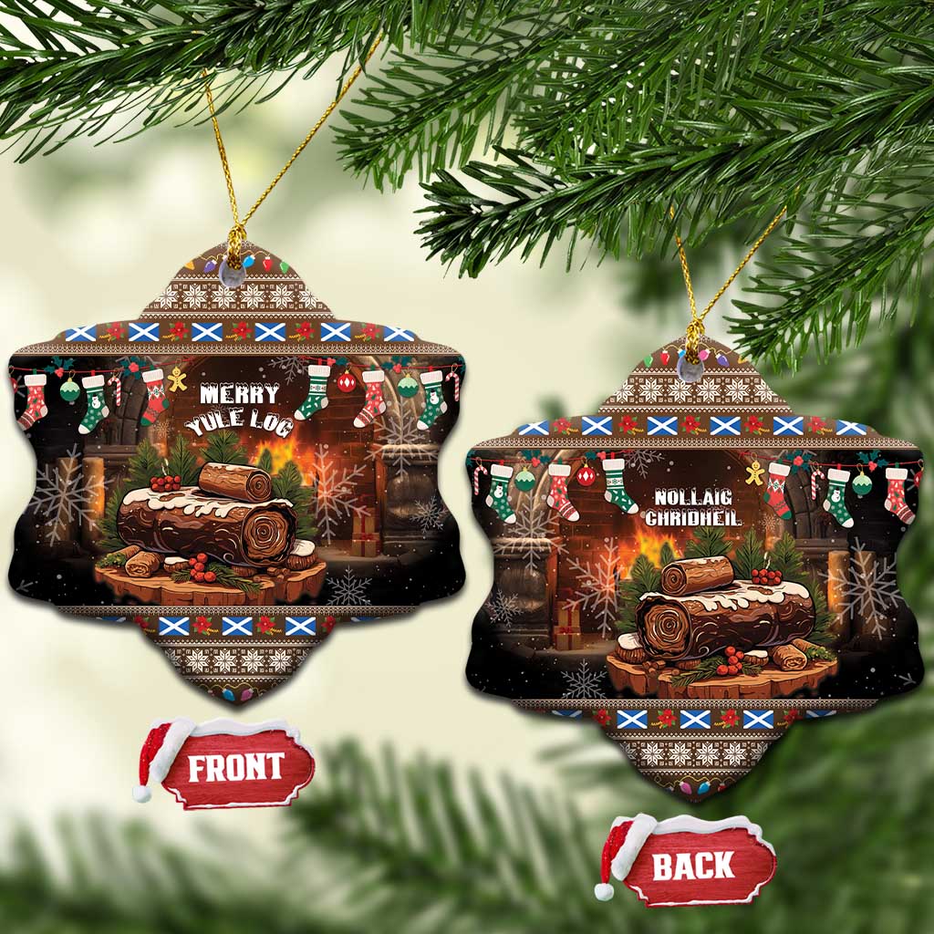 Bell-shaped ceramic ornaments with Merry Yule Log and Nollaig Chridheil designs