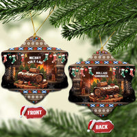 Bell-shaped ceramic ornaments with Merry Yule Log and Nollaig Chridheil designs