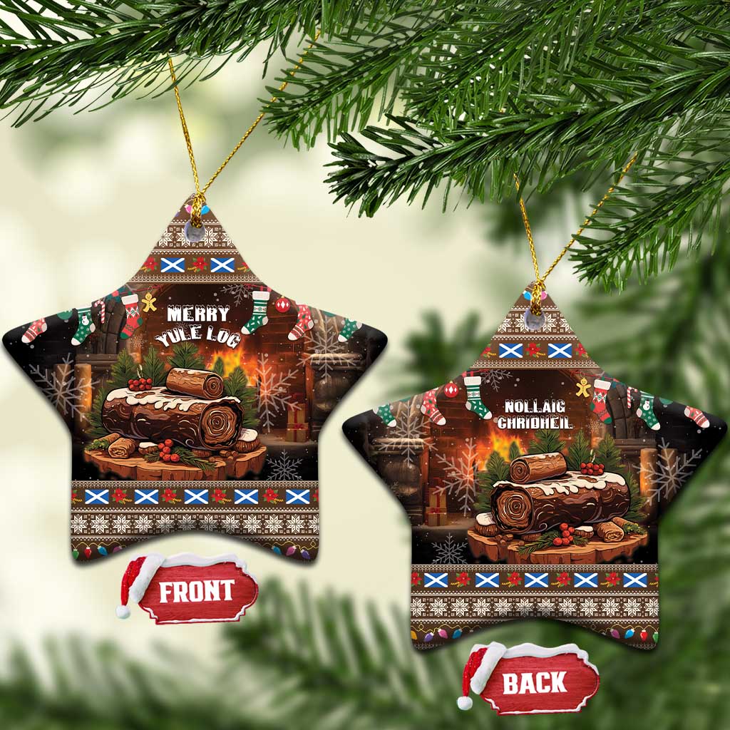 Star-shaped ceramic Christmas ornaments with Merry Yule Log and Nollaig Chridheil text