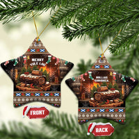 Star-shaped ceramic Christmas ornaments with Merry Yule Log and Nollaig Chridheil text