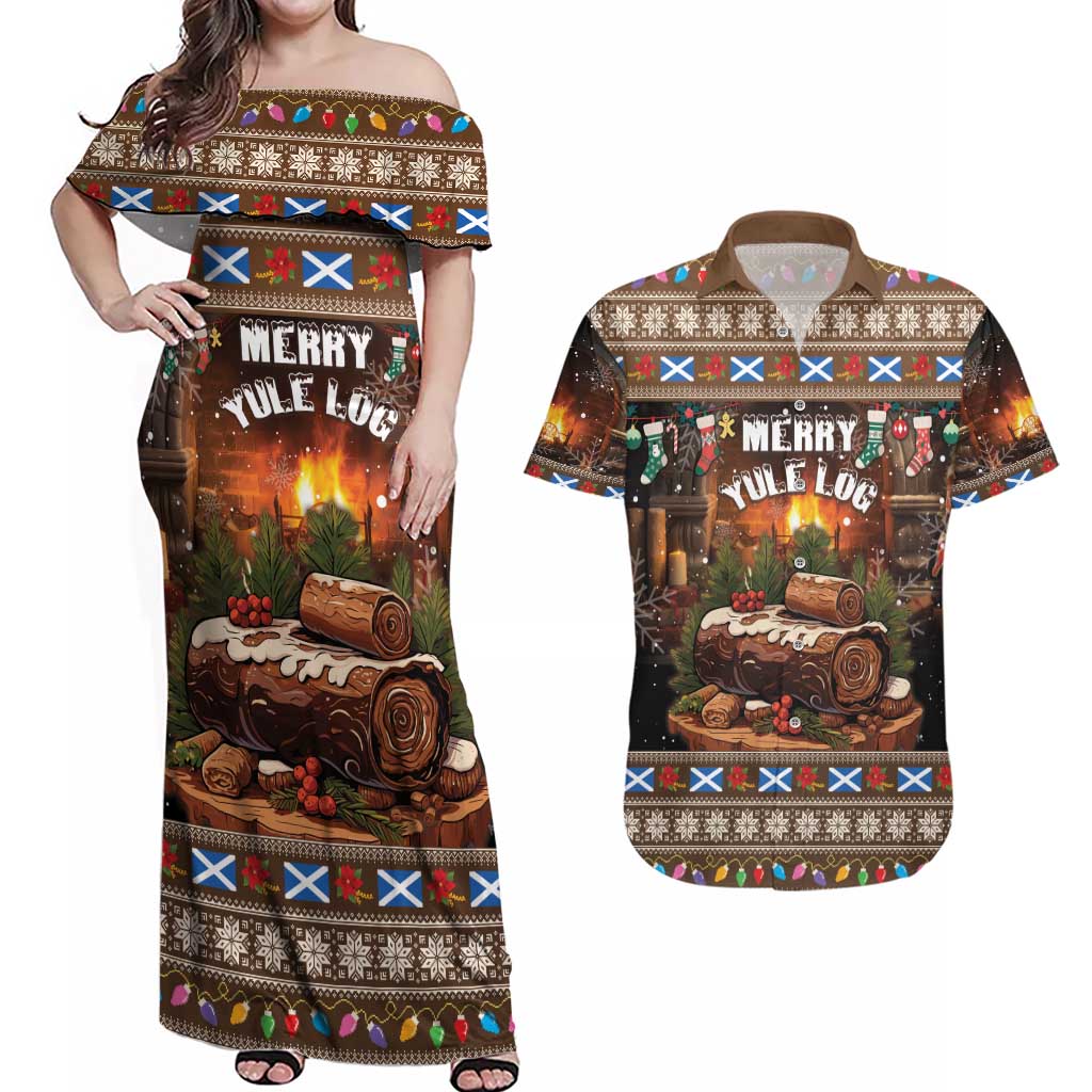 Scotland Christmas Couples Matching Off Shoulder Maxi Dress and Hawaiian Shirt Merry Yule Log - Wonder Print Shop