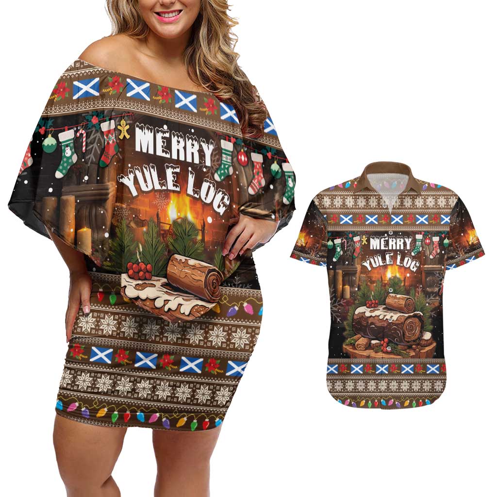 Scotland Christmas Couples Matching Off Shoulder Short Dress and Hawaiian Shirt Merry Yule Log - Wonder Print Shop